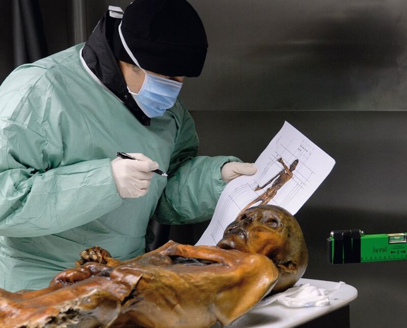 A scientist examining Otzi.