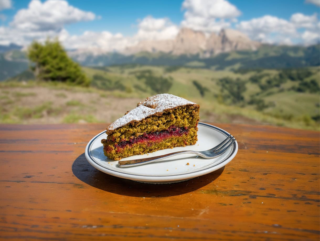 Sweet Summit: 8 Must-Try Desserts in South Tyrol & the Dolomites 13 A plate of Buckwheat Cake at hut on Alpe di Siusi in the Dolomites.