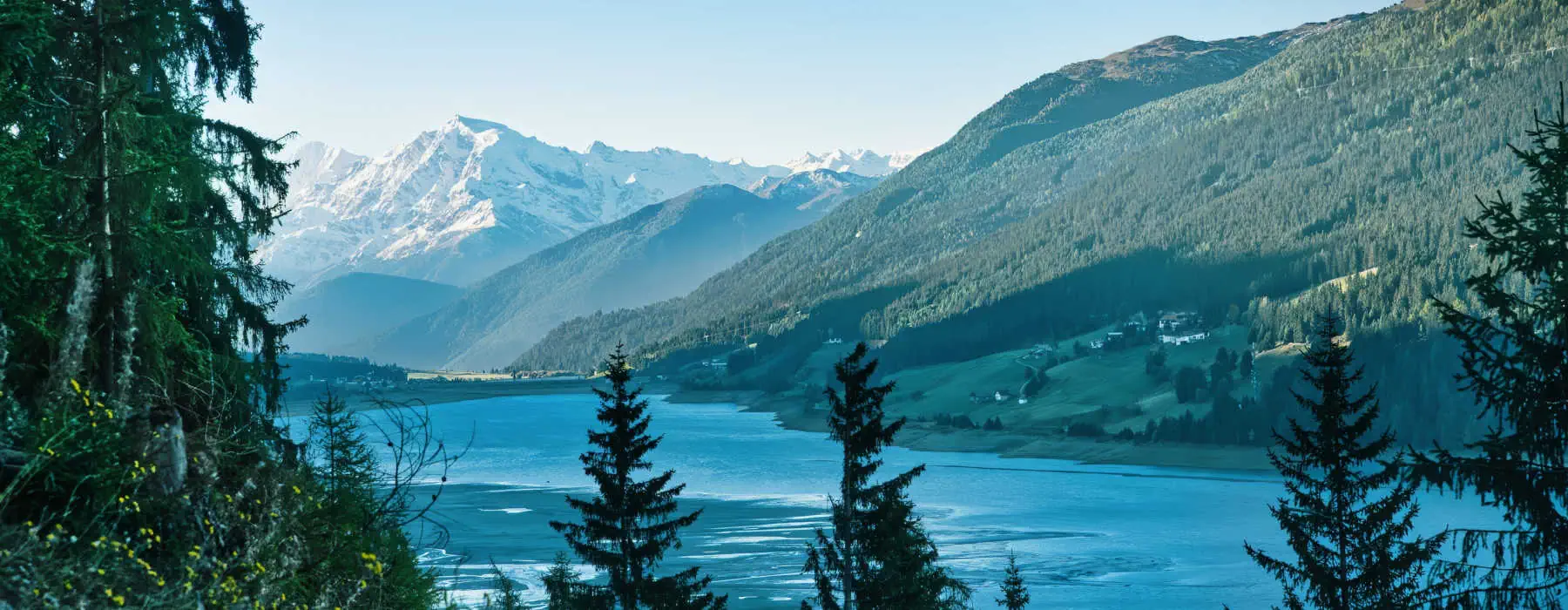 A view of Lago di Resia and Mt. Ortler while staying at Chalet am Reschensee