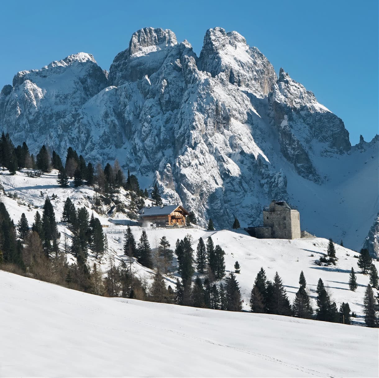 A view of snow-covered Dolomites from Prato Piazza.