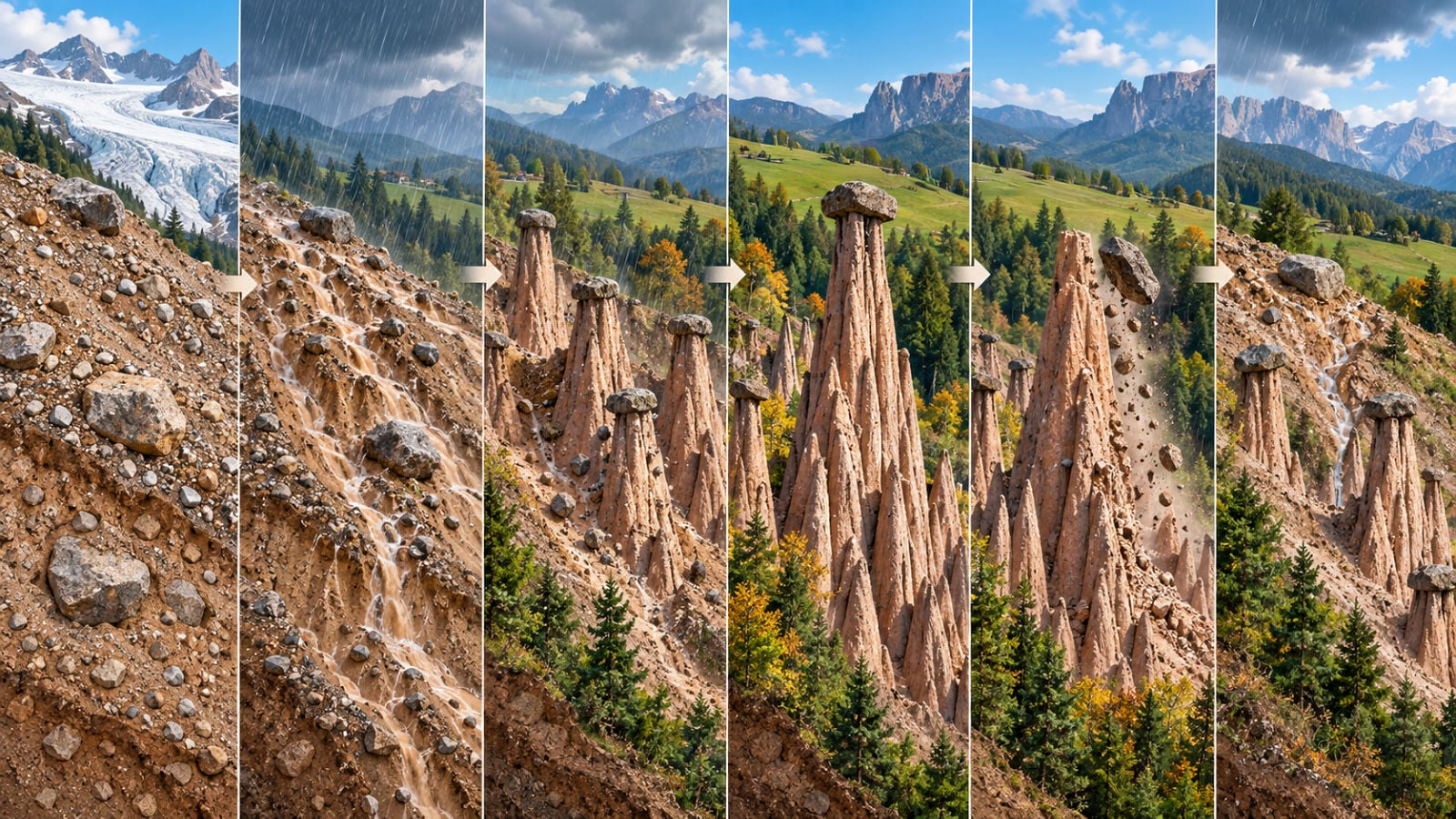 Earth Pyramids of Renon: How to Visit South Tyrol's Strangest Natural Wonder 4 Illustration showing how an earth pyramid forms beneath a protective boulder over thousands of years.