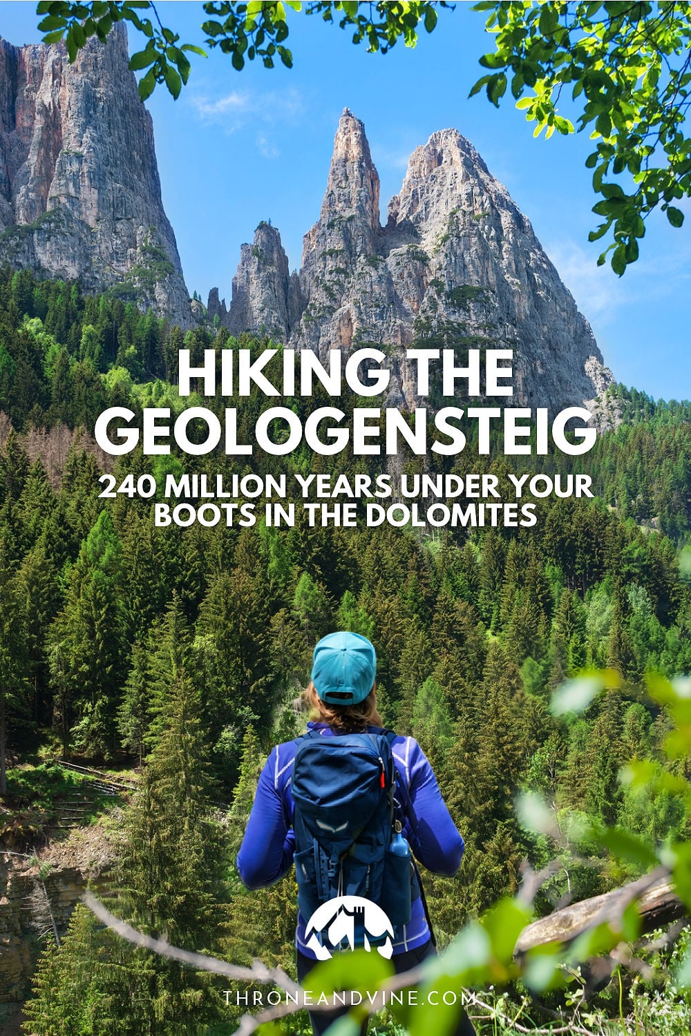 Hike the Geologensteig: 240 Million Years of Fire, Sea & Stone in the Dolomites 31 Kate looking at Schlern through the trees along the Geologensteig trail in the Dolomites.