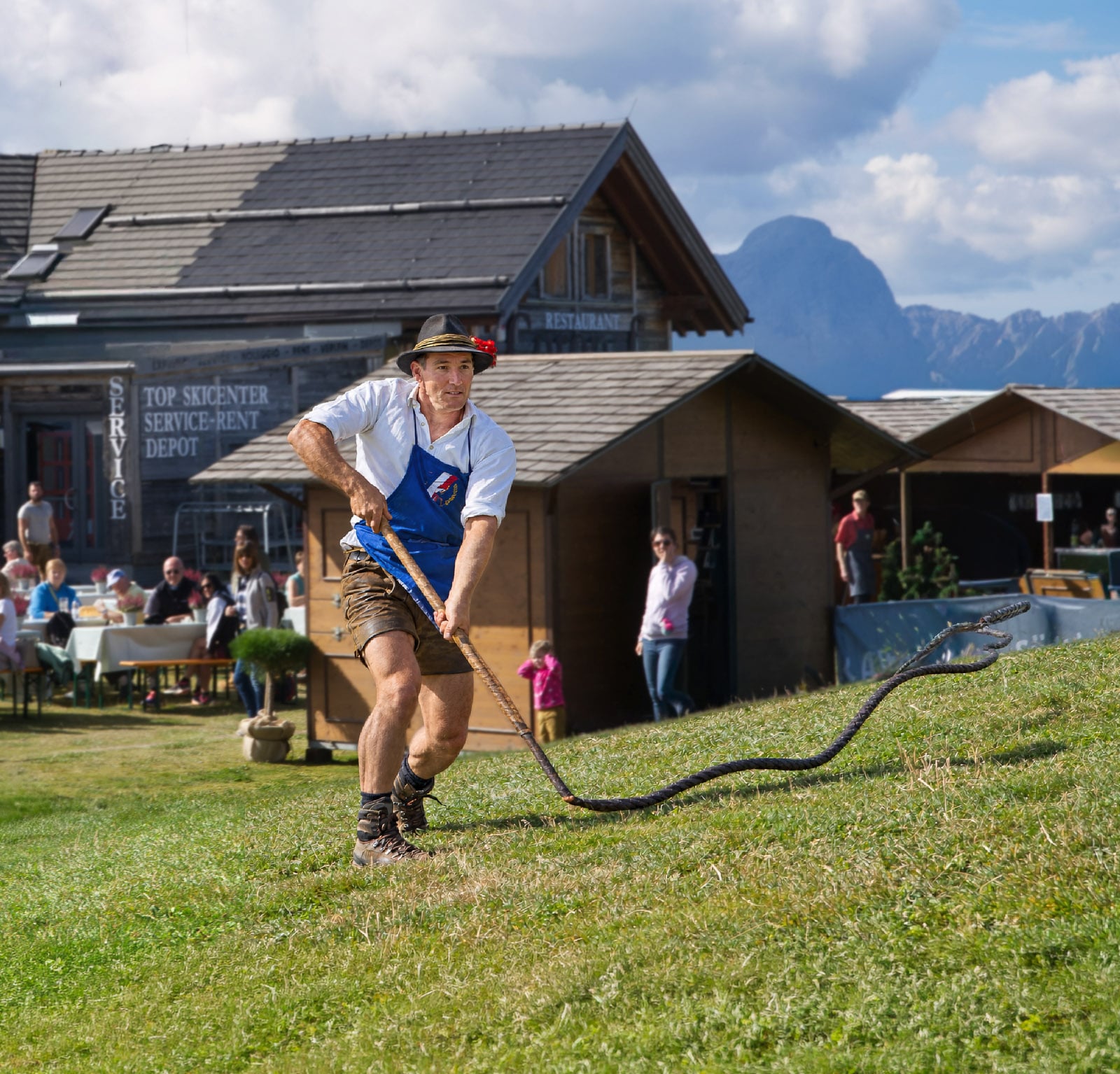 A Goaslschnöller gets ready to crack his whip at Speckfest in South Tyrol.