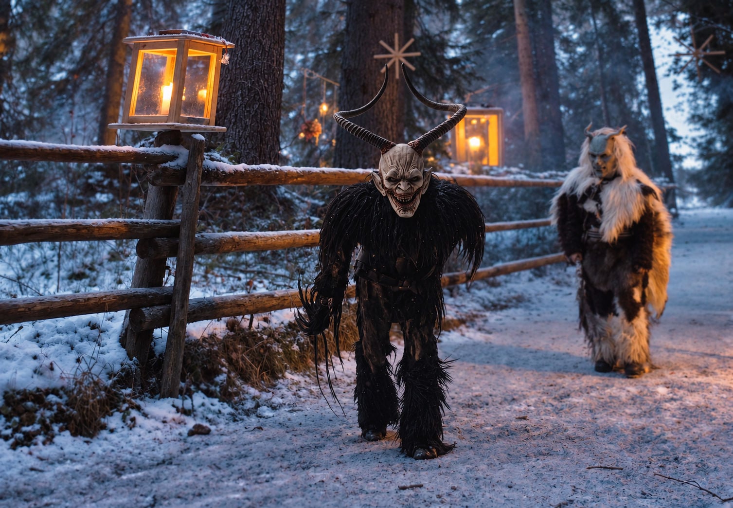 A Krampus lurching towards a child. 
