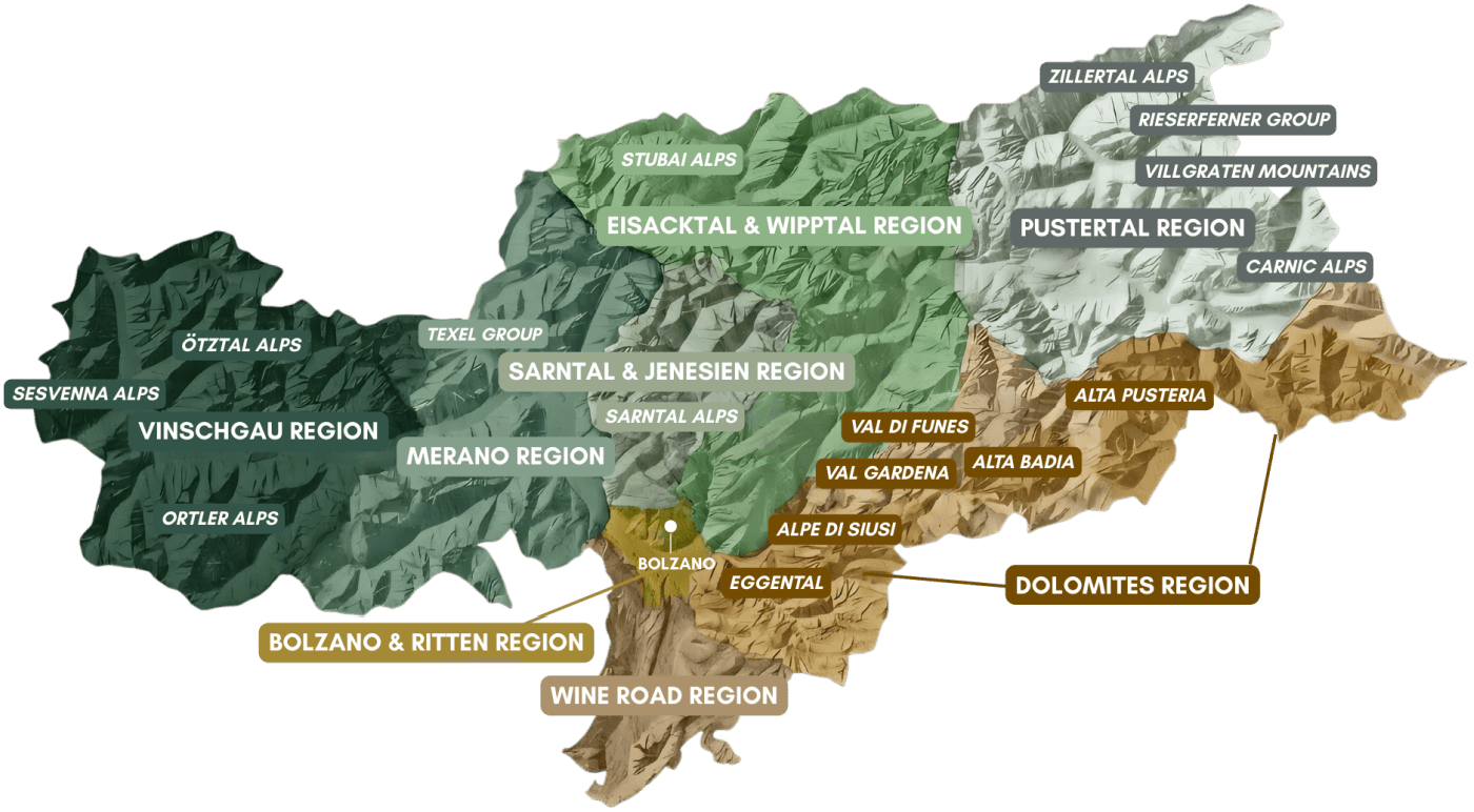 Start Here: South Tyrol + the Dolomites 4 A map of South Tyrol highlighting its major mountain groups including the Dolomites.
