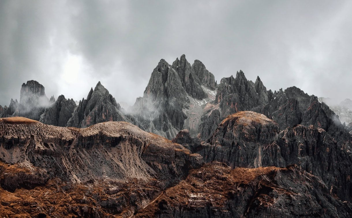 A panoramic view of the Cadini Group in the Dolomites.