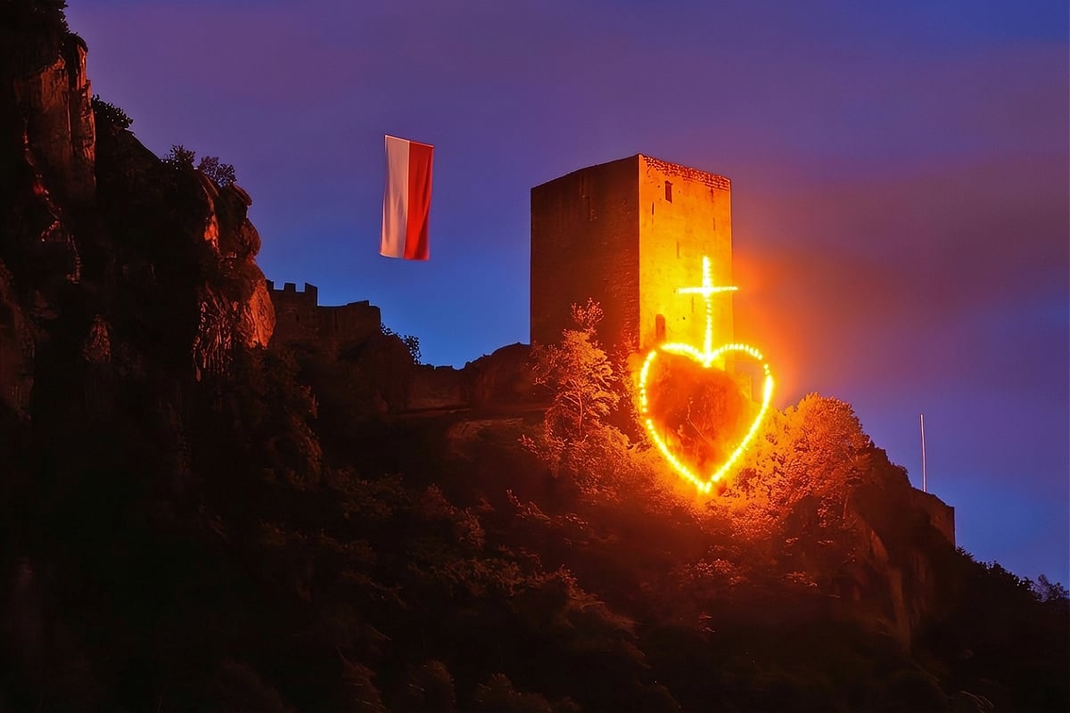 A Sacred Heart Fire lit on a mountainside in South Tyrol.