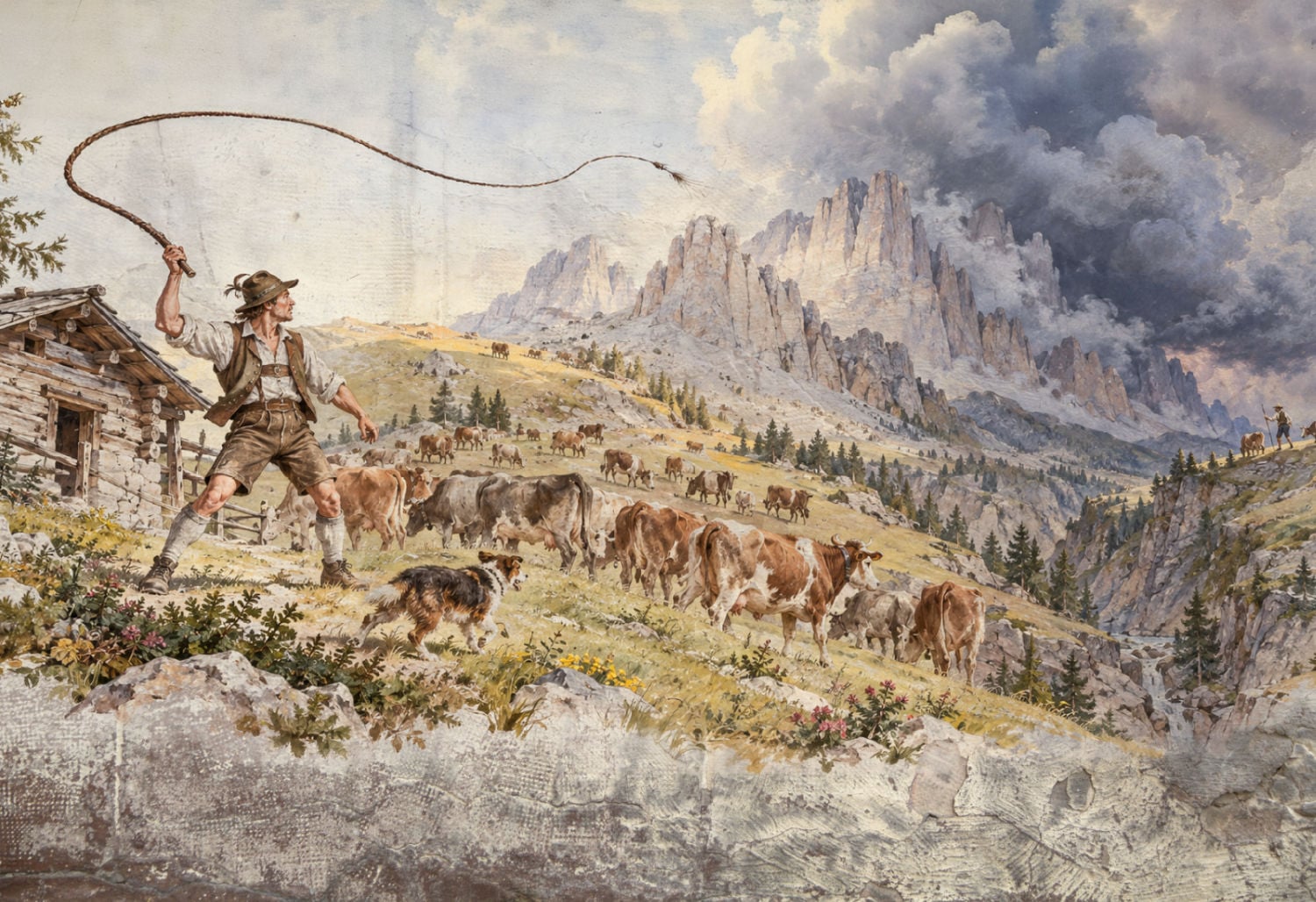 A depiction of a Goaslschnöller whip cracking to alert a herder in the Dolomites. 