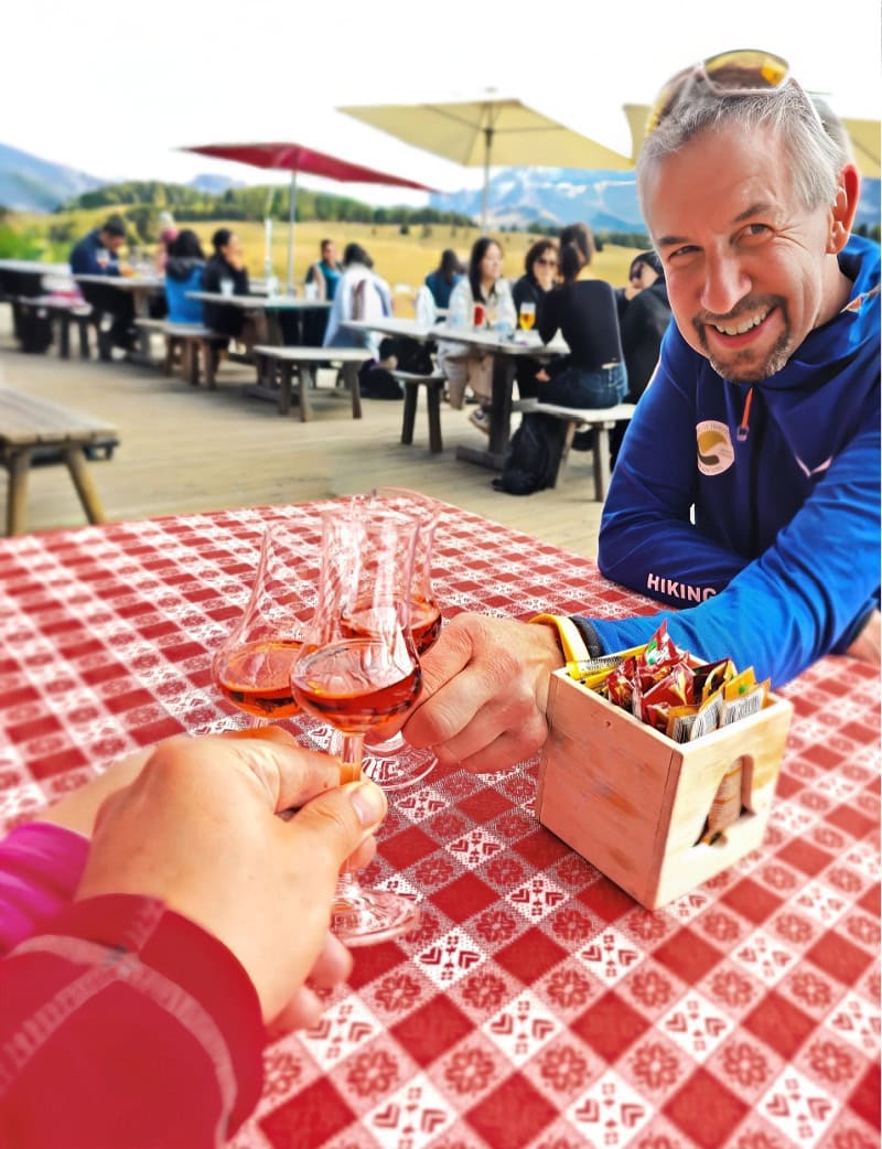 Aquila Dolomites Residence: Ortisei Below, the Dolomites Beyond, and You in Between 15 A Schnapps toast with Theo on Alpe di Siusi.
