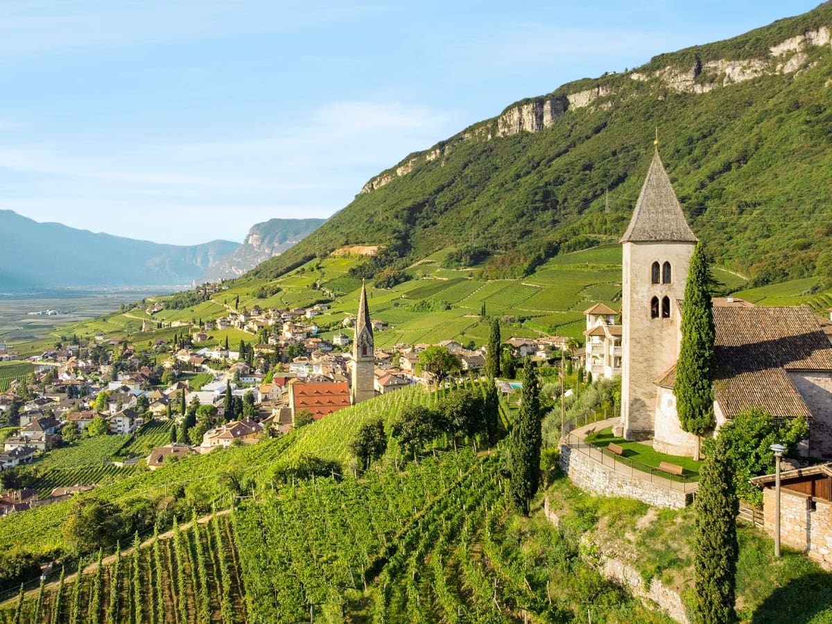 A panorama of the village of Tramin located along the Wine Road.