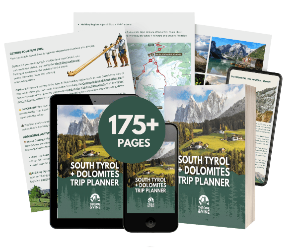 South Tyrol + Dolomites Trip Planner ebook shown on tablet, phone, and as a printed book